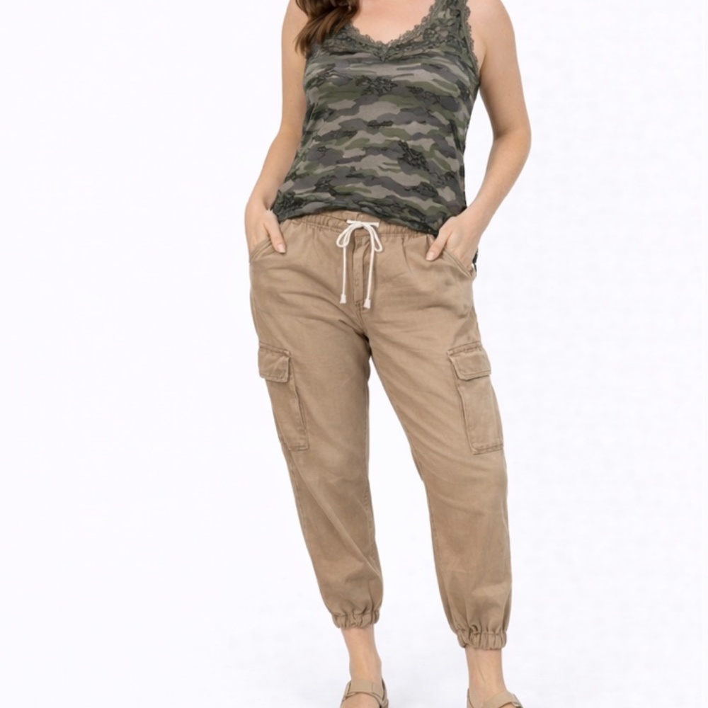 🌴 Dark Khaki Jogger Cargo Pants with Functional Draw String